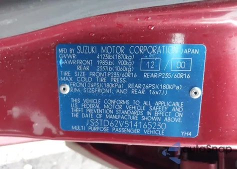 2001 Suzuki Grand Vitara Jlx/Jlx+/Limited z USA, uszkodzony, nr VIN JS3TD62V514165230